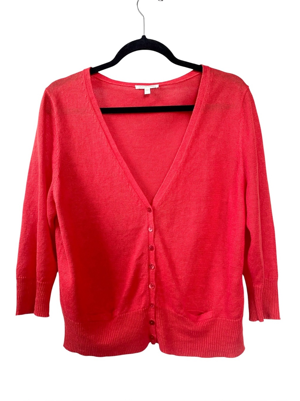 Eileen Fisher Linen V-Neck Button Front Cardigan Sweater Red L